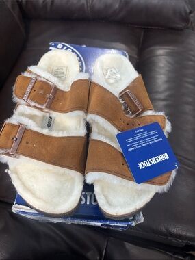 Birkenstock Two-Strap Shearling Sandals in Brown and White